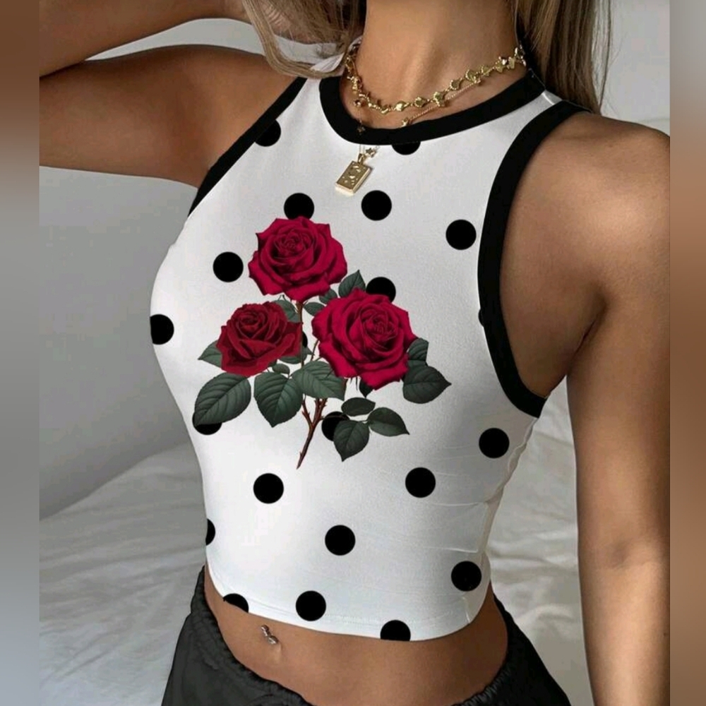 Black & White Polkadot Rose Print Crop Top XL